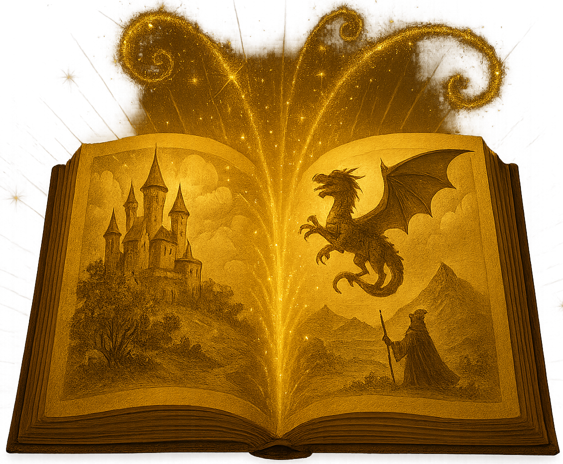 Livro de fantasia com castelo, dragão e mago